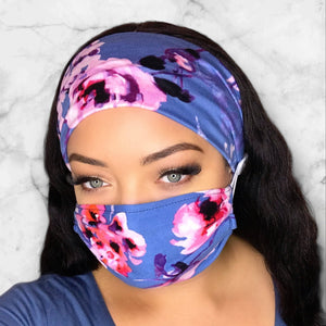 Blue Pansy Headband and Mask Set