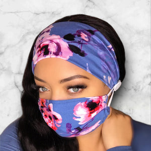 Blue Pansy Headband and Mask Set